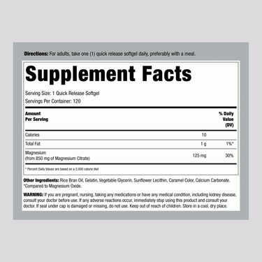 Supplement Facts panel for Horbaach Magnesium Citrate 850mg with 120 softgels.
