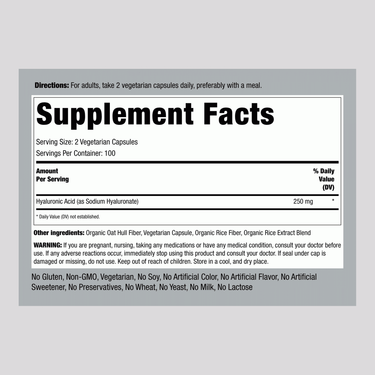 Image of the Supplement Facts panel for Hyaluronic Acid 250mg, containing 200 capsules.