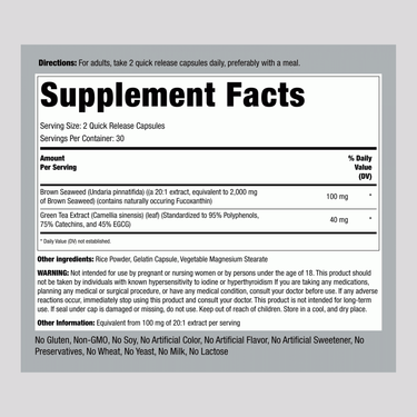 Supplement Facts for Brown Seaweed 2000 mg capsules.