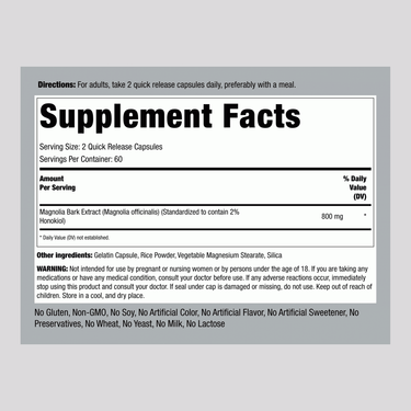 Supplement Facts panel showing details for Magnolia Bark 800 mg Capsules, 120 count package.