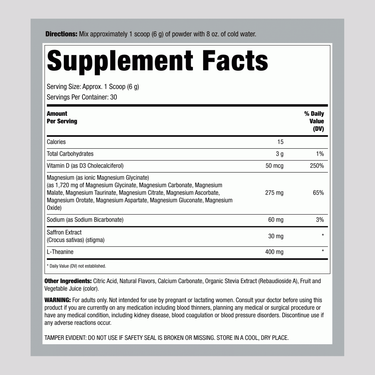 Supplement Facts panel for MaxCalm Mag 10 with Saffron, 180 g Powder.