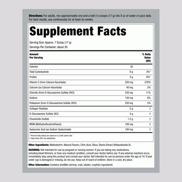 Supplement Facts panel displays details for FL ArthFree 510 g, including nutritional information and ingredients.