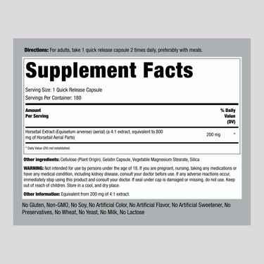 Horsetail supplement facts panel showing 800 mg per serving, with a total of 180 capsules.