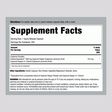 Carlyle Cayenne 600 mg 350 Capsules Supplement Facts panel details.