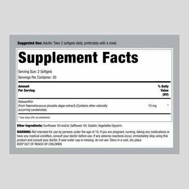 Supplement Facts label for RL Astaxanthin 5 mg, 60 softgels, shows dosage and ingredients.