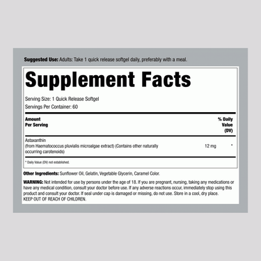 Supplement Facts panel displaying details for Astaxanthin 12 mg in a bottle of 60 softgels.