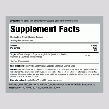 This image shows the Supplement Facts panel for Tongkat Ali 1600mg Capsules, which contains 120 capsules per container.