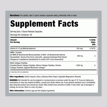 Supplement Facts panel for NMN Resveratrol Collagen 90 Capsules includes ingredients and nutritional details.