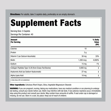 Image of Supplement Facts panel for Collagen Complex Plus with details on ingredients and nutritional values, 120 tablets per bottle.