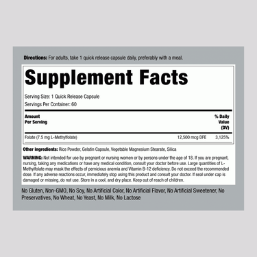 Displays Supplement Facts panel for L-Methylfolate 7.5 mg, 60 Capsules.