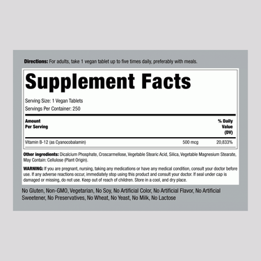 Supplement Facts for B-12 500 mcg, 250 Tablets displayed.