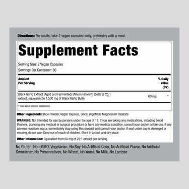 Image displays the Supplement Facts for Black Garlic 1500 mg, detailing ingredients and nutritional information for 60 capsules.