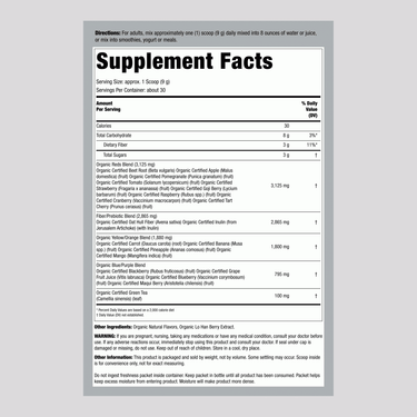 Supplement Facts panel for LN Reds Plus Organic powder, 9.5 oz.
