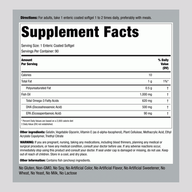 The Supplement Facts panel displays information for DHA 500 mg Enteric Coated Softgels.
