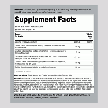 The Supplement Facts label for Ultra Energy Booster Capsules with 90 capsules per bottle, listing ingredients and nutrition information.