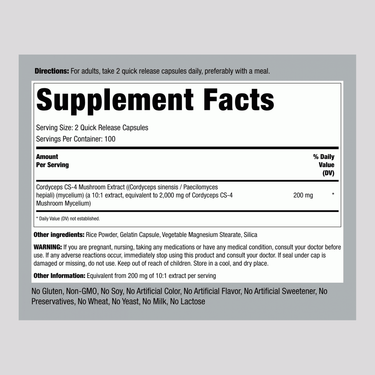 Cordyceps Mushroom, 2000 mg (per serving), 200 Quick Release Capsules