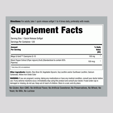 Supplement Facts panel for CoQ10 100mg with Black Pepper, 120 capsules.