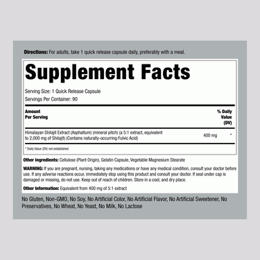 Supplement Facts panel showing details for Shilajit 2000 mg Capsules, 90 count.