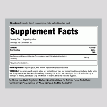 Benfotiamine (Fat Soluble Vitamin B-1), 300 mg, 90 Vegan Capsules