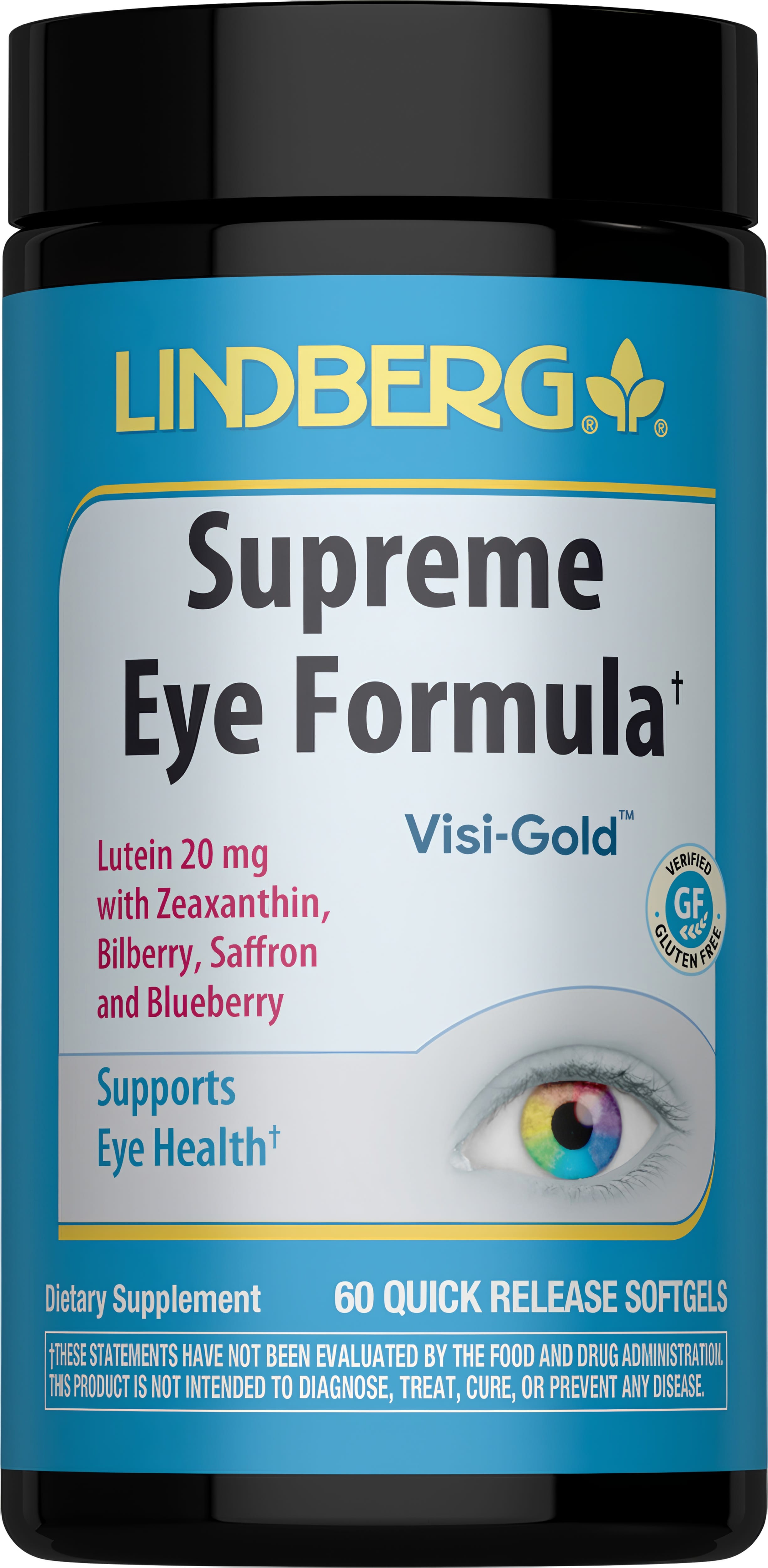 Supreme Eye Formula, 60 softgels with Lutein 20 mg, Zeaxanthin, Bilberry, Saffron, and Blueberry. Gluten free.