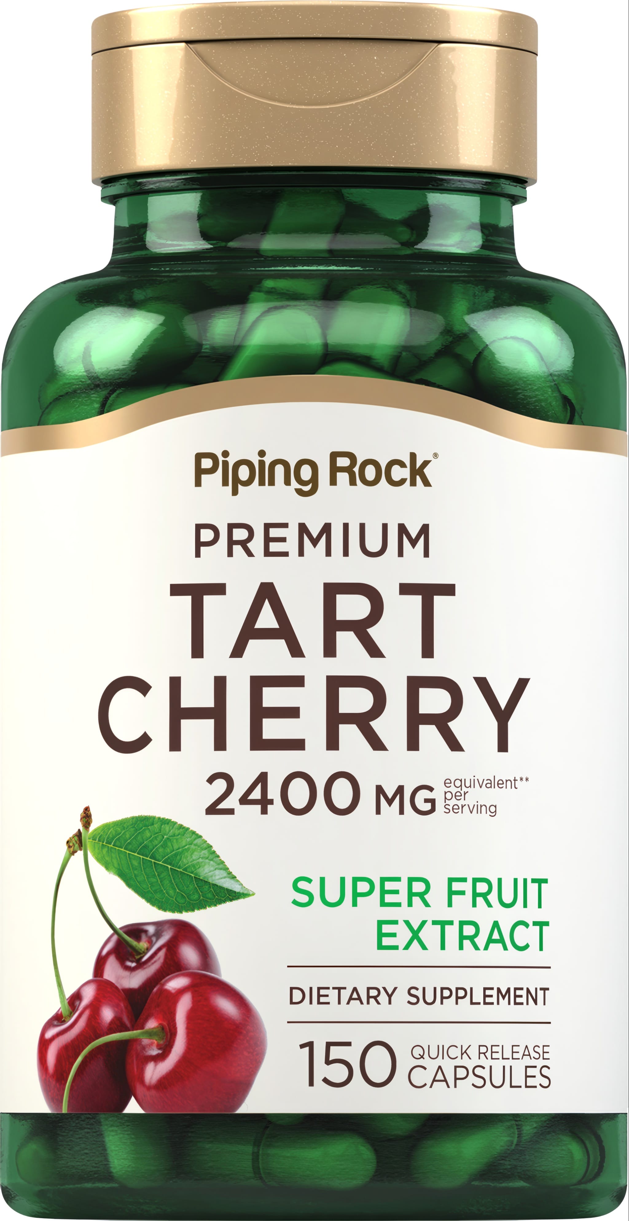 Premium Tart Cherry 2400 MG per serving with 150 Quick Release Capsules in a bottle.