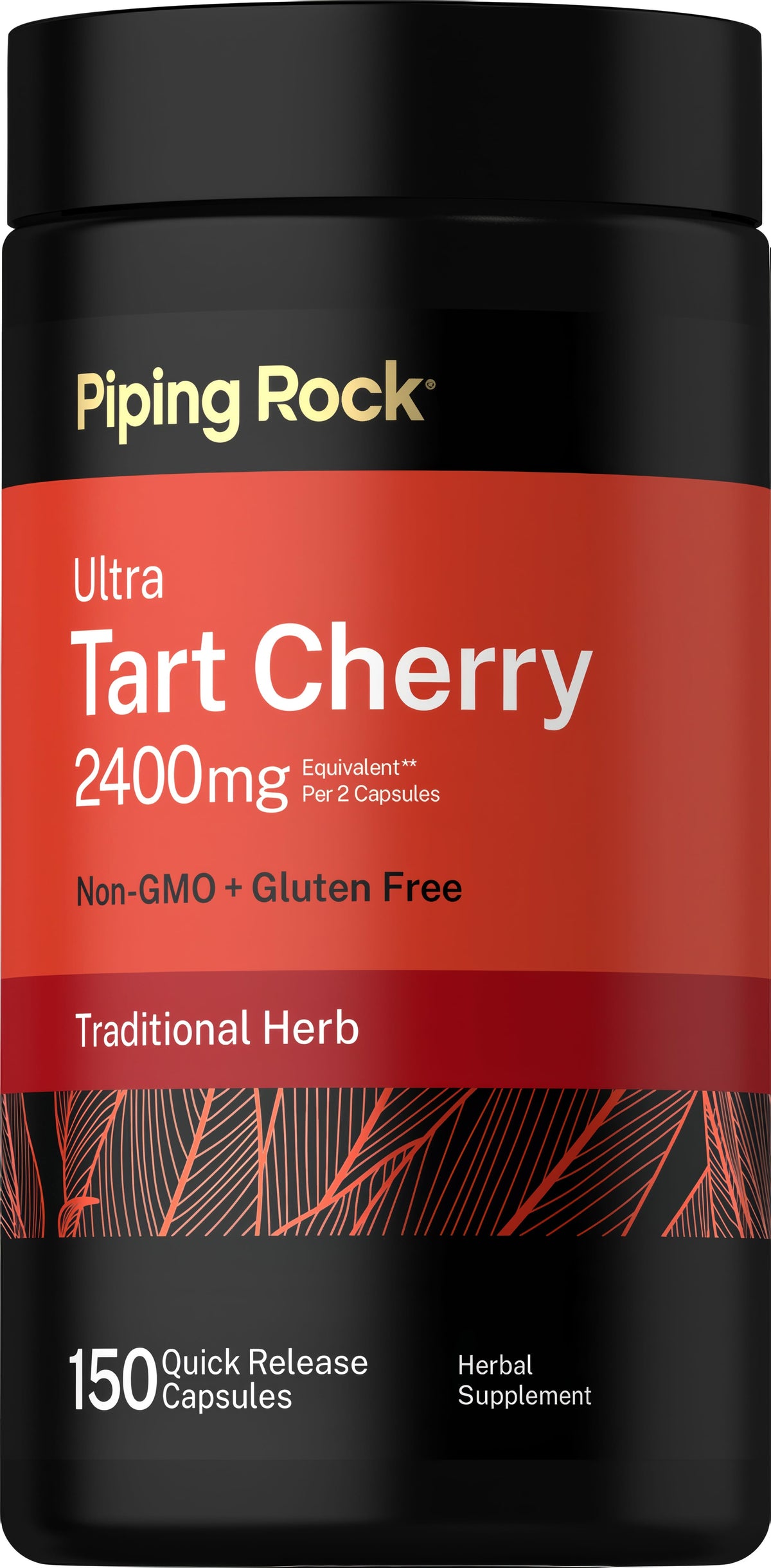 Ultra Tart Cherry, 2400mg per 2 capsules, 150 quick-release capsules, non-GMO, and gluten-free.