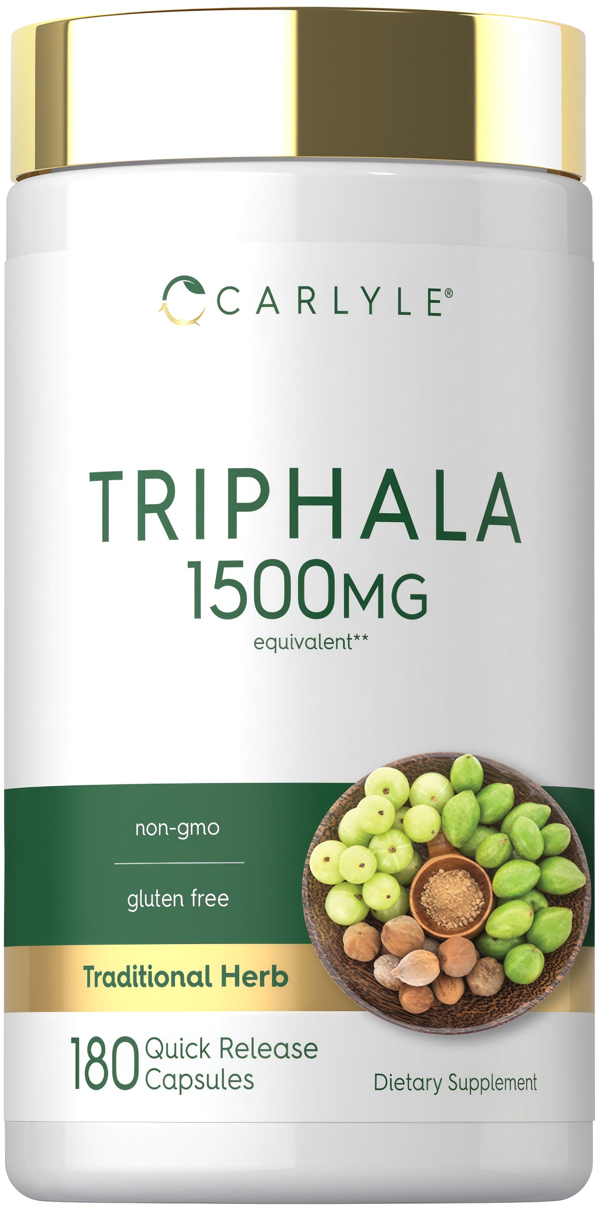 Triphala 1500mg 180 quick release capsules in a bottle.