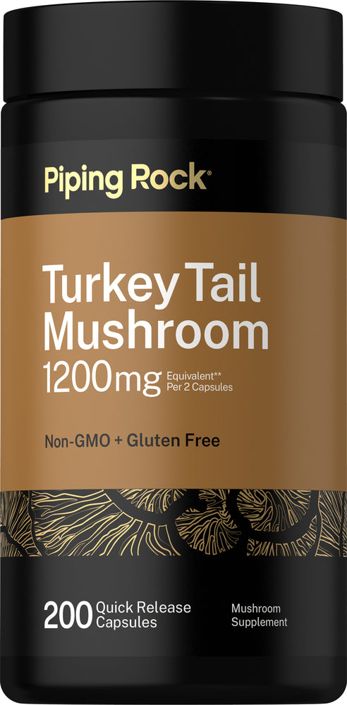 Turkey Tail Mushroom 1200mg per 2 capsules, 200 quick-release capsules. Non-GMO and gluten-free mushroom supplement.