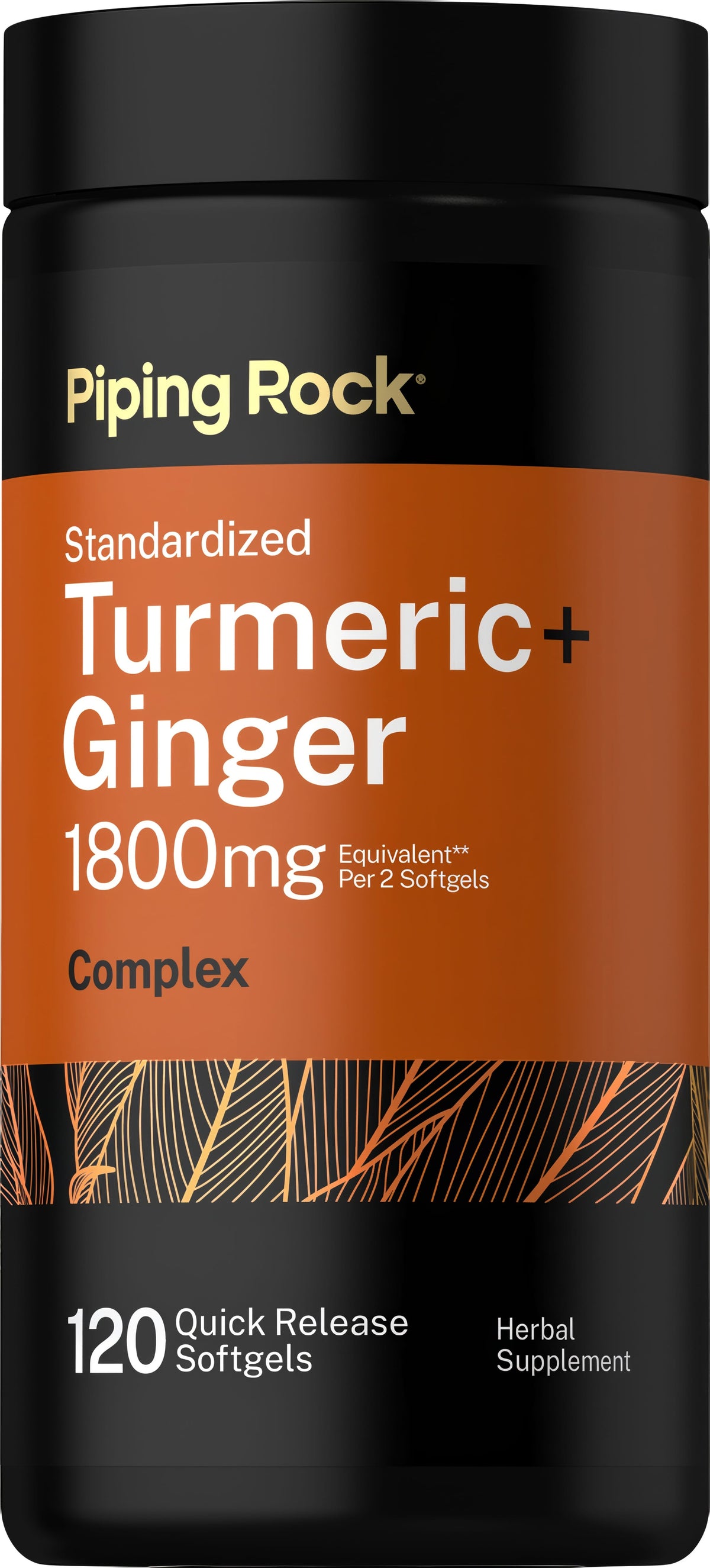 Turmeric Ginger Complex 1800mg per 2 softgels, 120 quick release softgels, herbal supplement.