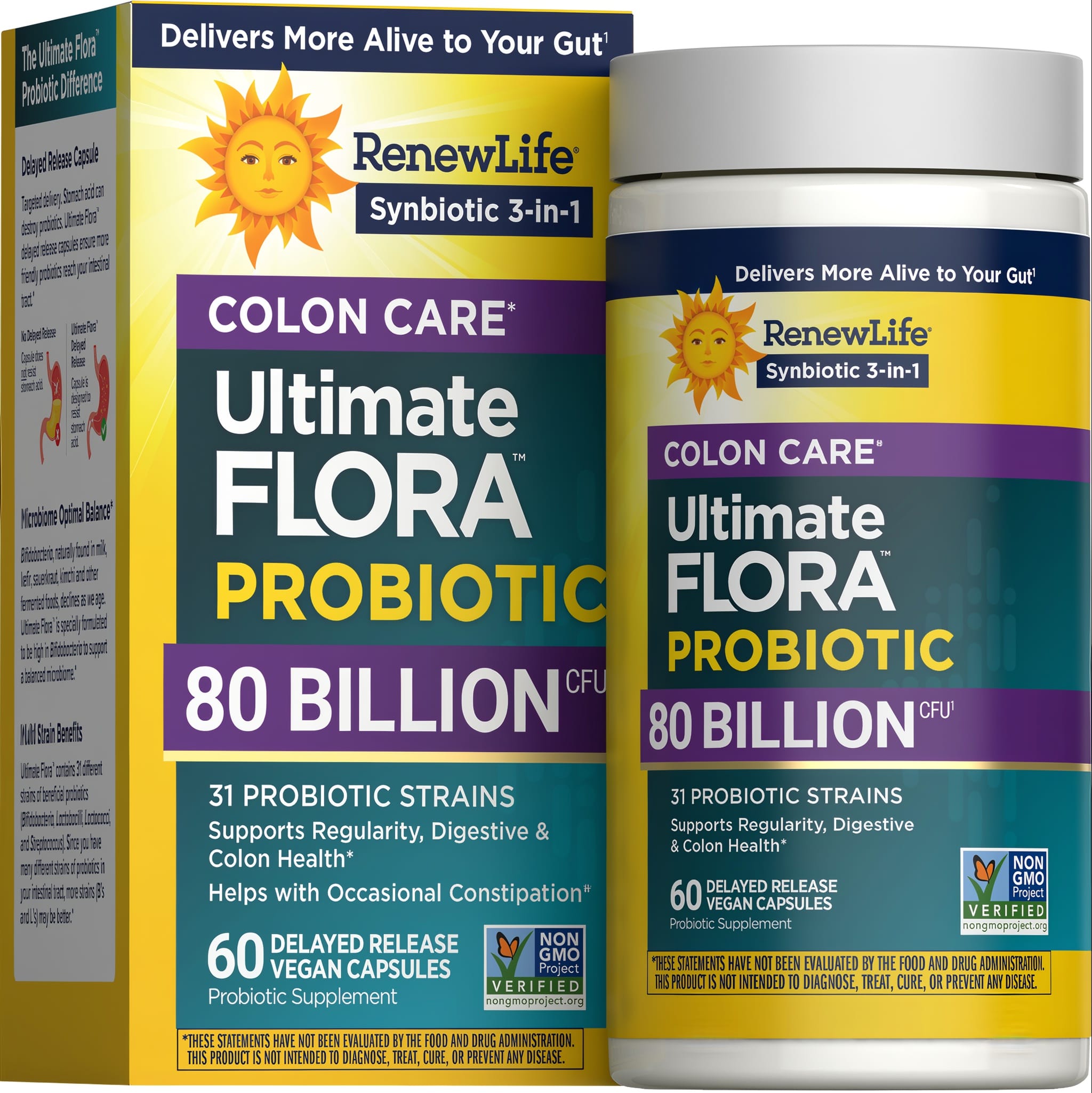RenewLife Colon Care Ultimate FLORA Probiotic with 80 Billion CFU, 60 delayed release vegan capsules.