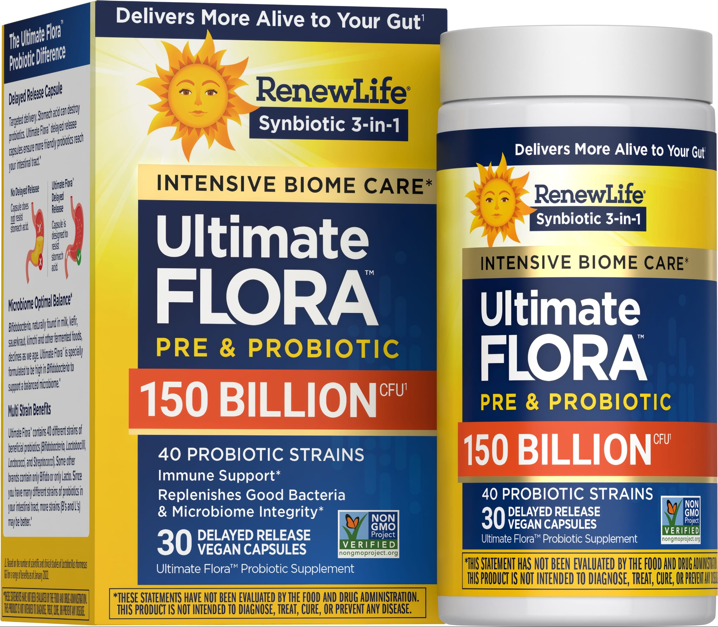 Ultimate Flora Pre & Probiotic with 150 billion CFU in 30 delayed-release vegan capsules.