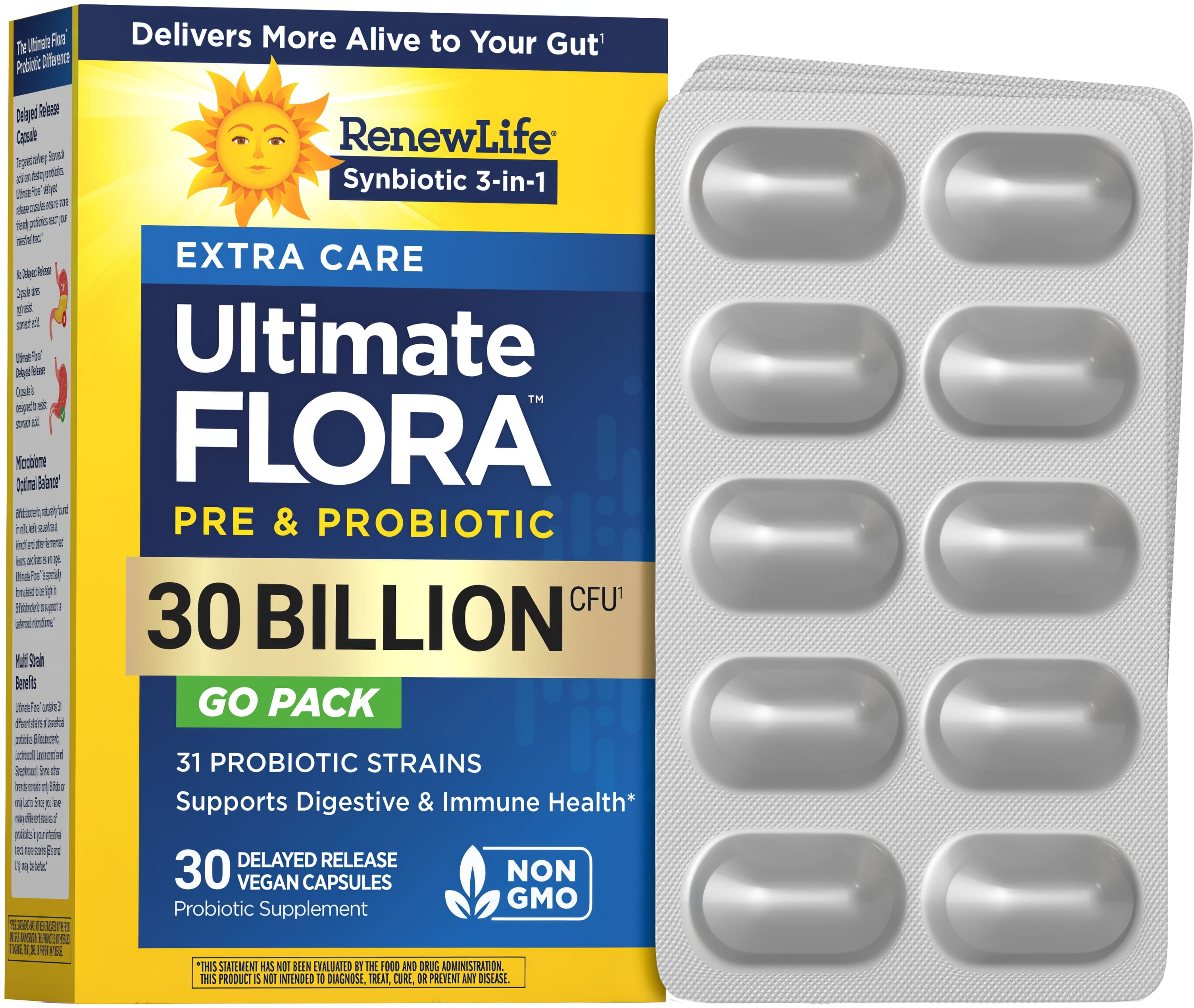 RenewLife Ultimate FLORA PRE & PROBIOTIC Extra Care, 30 Billion CFU, with 30 delayed release vegan capsules in blister pack.