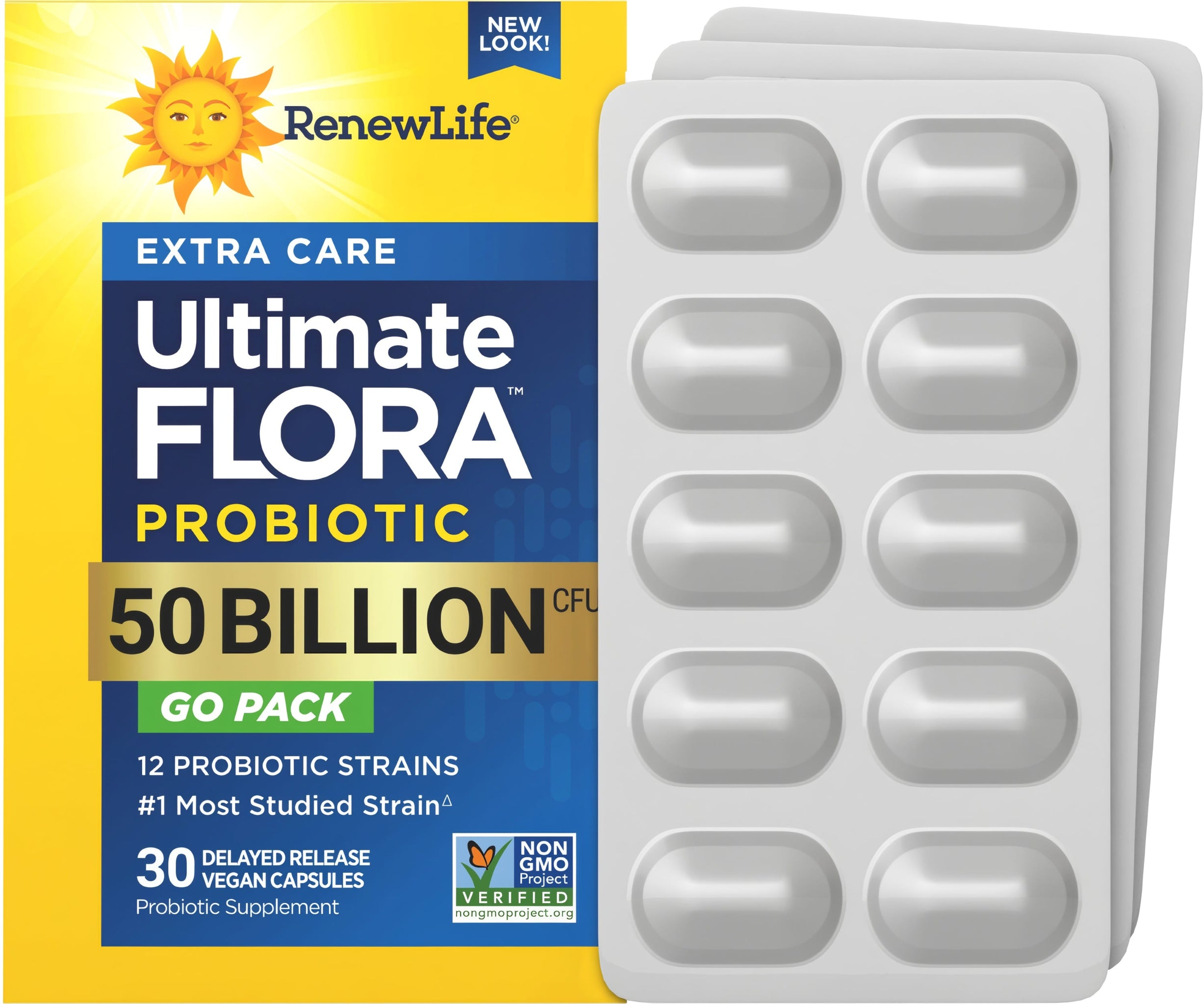 RenewLife Ultimate Flora Probiotic 50 Billion CFU, 30 Vegan Capsules in blister packs, with delayed release.