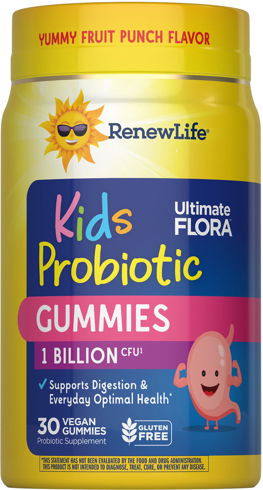 RenewLife Kids Probiotic Gummies come in fruit punch flavor, offer 1 Billion CFU, 30 vegan gummies, and are gluten-free.