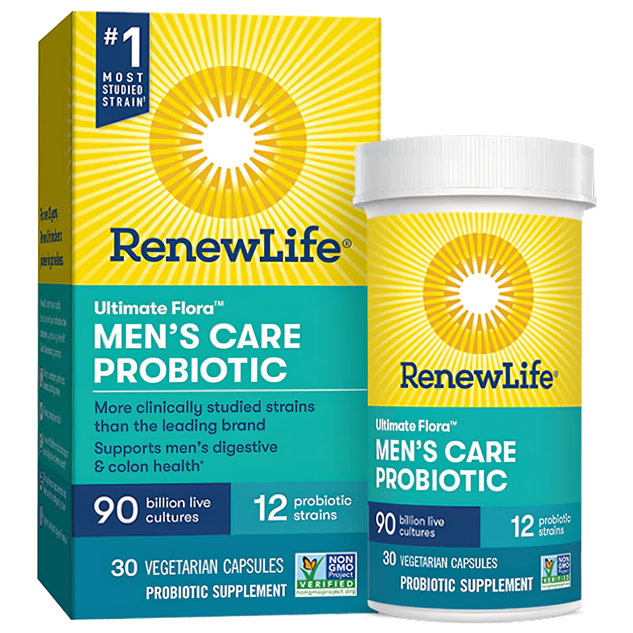 RenewLife Ultimate Flora Men's Care Probiotic with 90 billion live cultures and 12 strains in 30 vegetarian capsules.