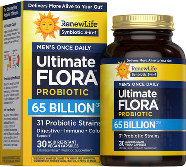 RenewLife Ultimate FLORA Probiotic Men's Once Daily: 65 Billion CFU, 31 Probiotic Strains, 30 Acid Resistant Vegan Capsules.