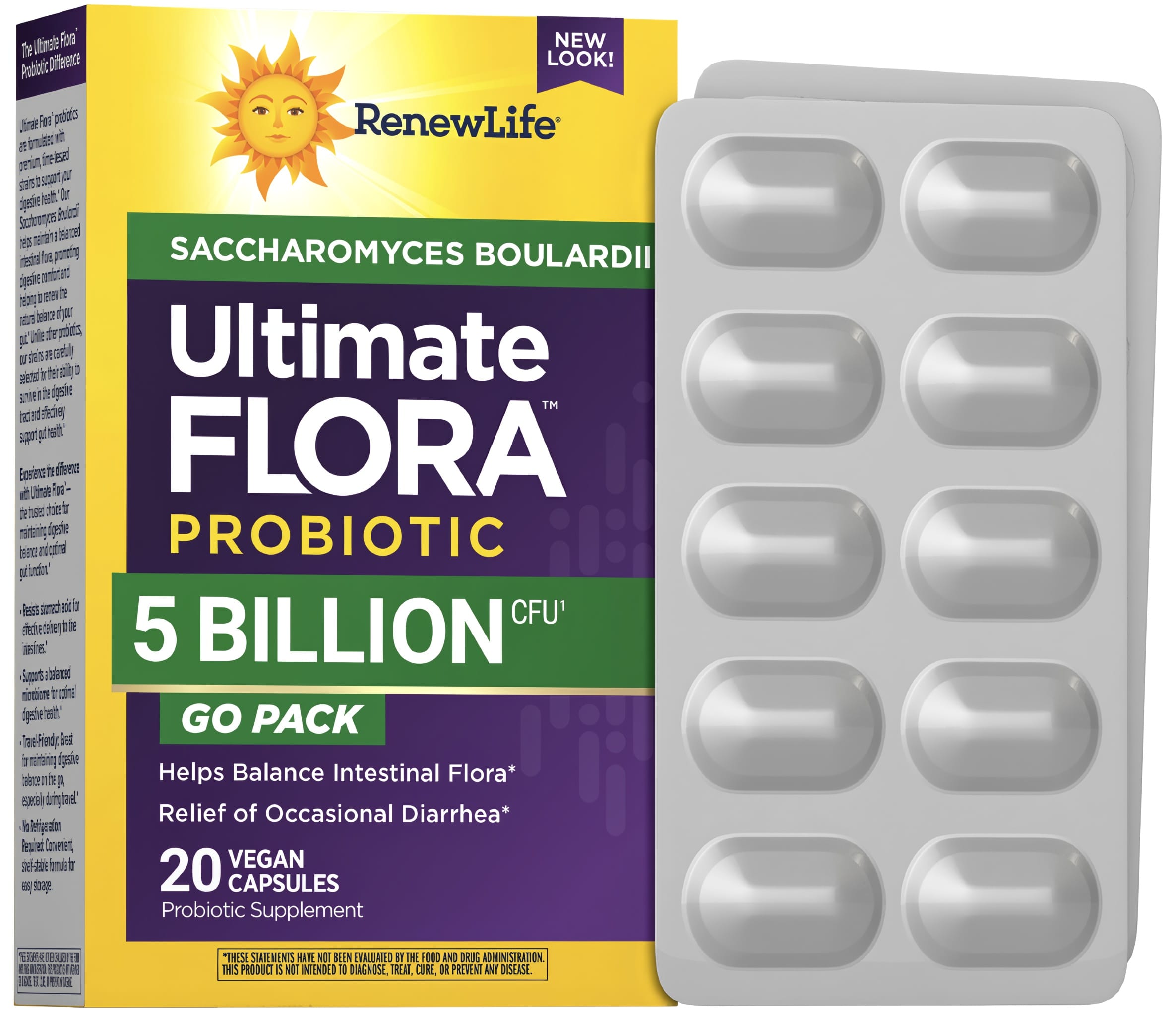 RenewLife Ultimate FLORA Probiotic with Saccharomyces Boulardii, 5 Billion CFU, 20 Vegan Capsules in blister packs.