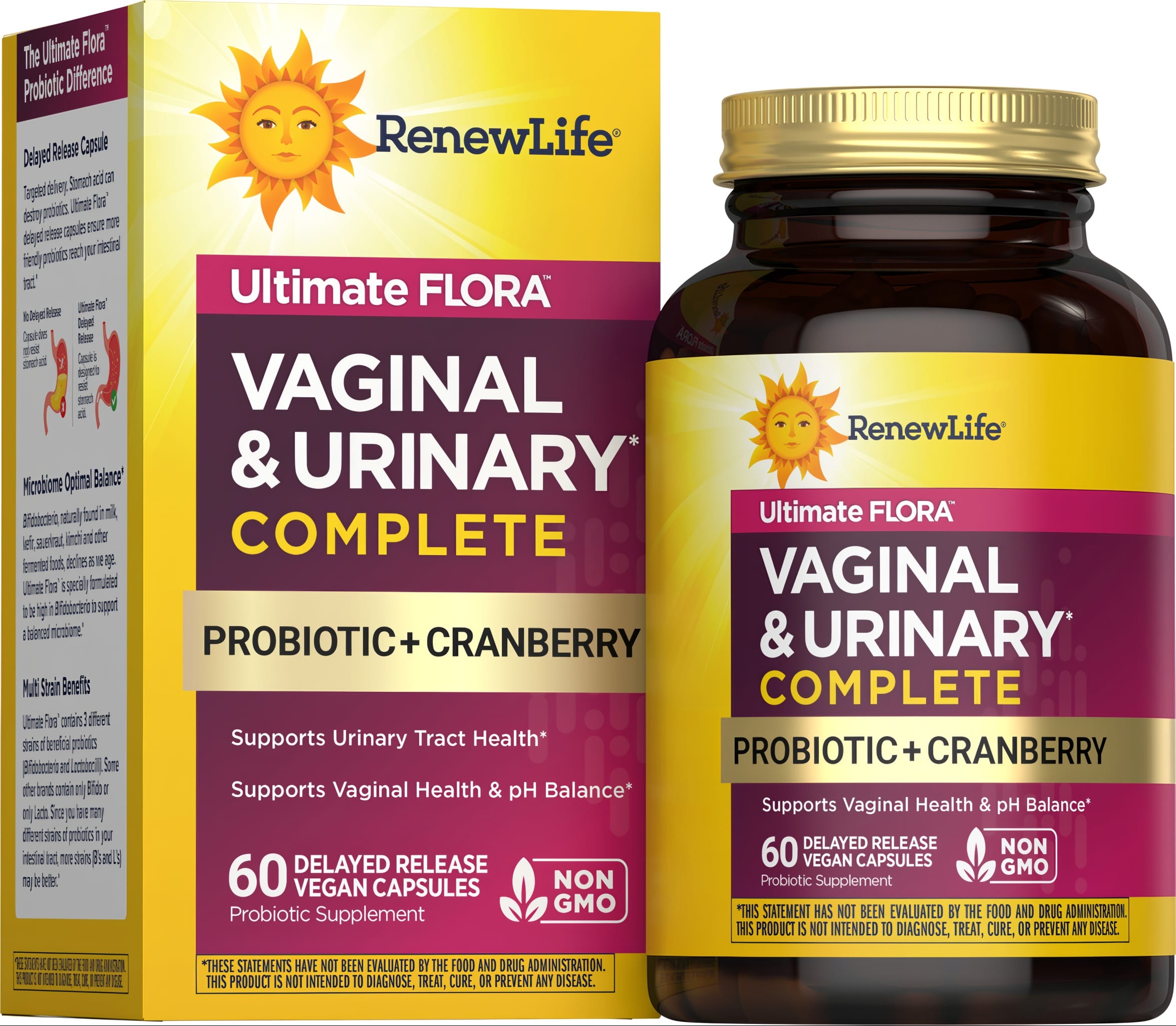 Ultimate FLORA Vaginal & Urinary Complete Probiotic with Cranberry. Includes 60 vegan delayed-release capsules.