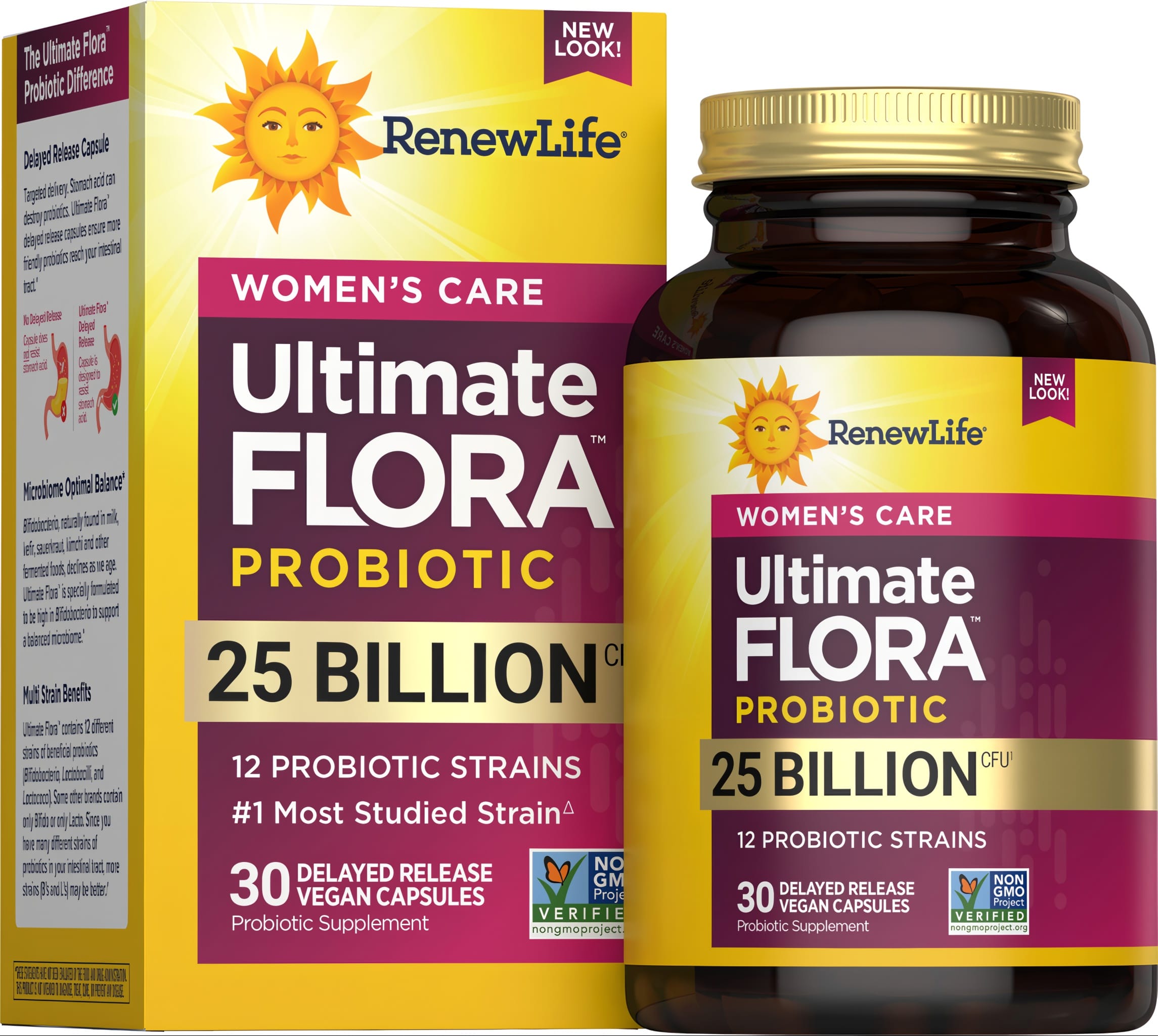 RenewLife Ultimate Flora Women's Care Probiotic with 25 Billion CFU, 12 strains in 30 delayed release vegan capsules.