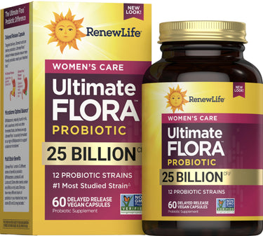 Women's Care Ultimate Flora Probiotic with 25 Billion CFU, 12 strains, 60 delayed-release vegan capsules.