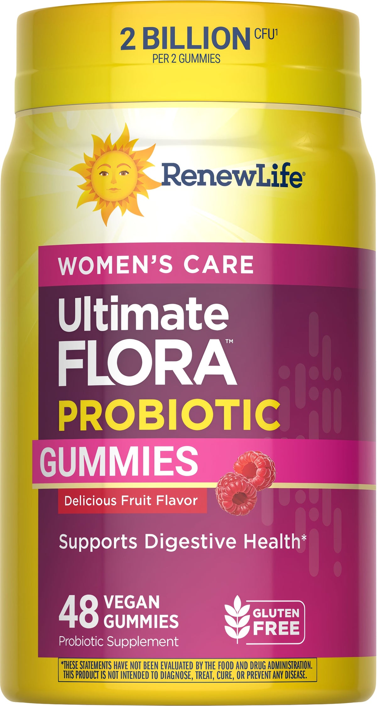 RenewLife Women's Care Ultimate FLORA Probiotic Gummies, 2 Billion CFU, 48 Vegan, Gluten-Free, Fruit Flavor bottle.