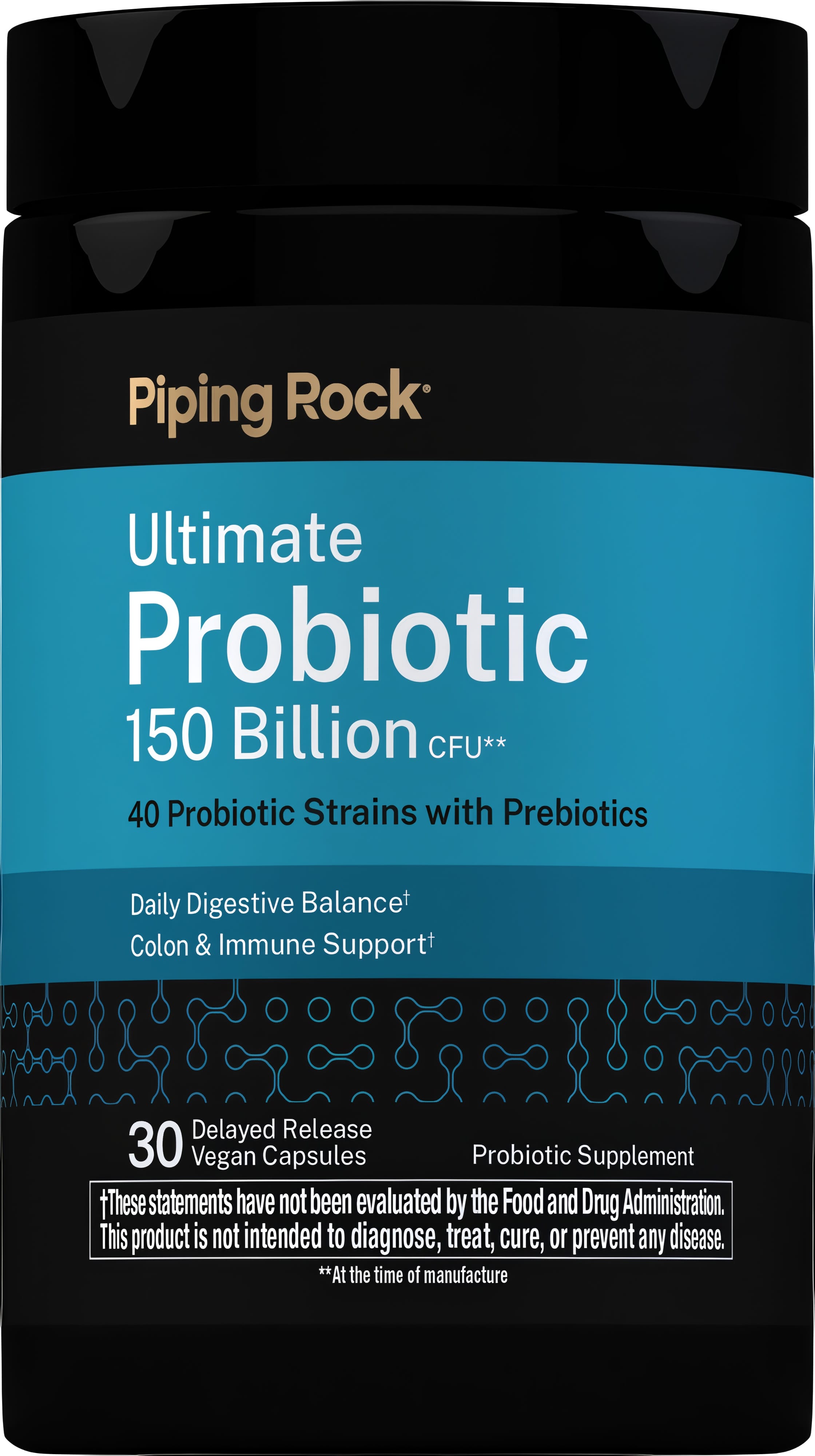 Ultimate Probiotic with 150 Billion CFU, 40 strains, prebiotics, and 30 delayed-release vegan capsules.