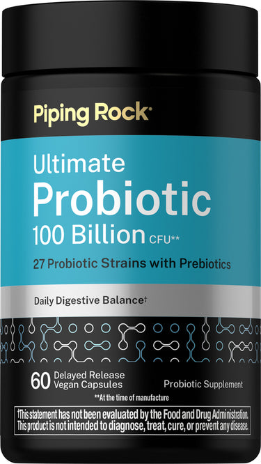 Ultimate Probiotic with 100 Billion CFU, 27 strains, prebiotics, 60 delayed-release vegan capsules.