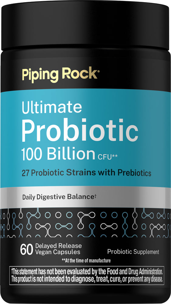 Ultimate Probiotic with 100 Billion CFU, 27 strains, prebiotics, 60 delayed-release vegan capsules.