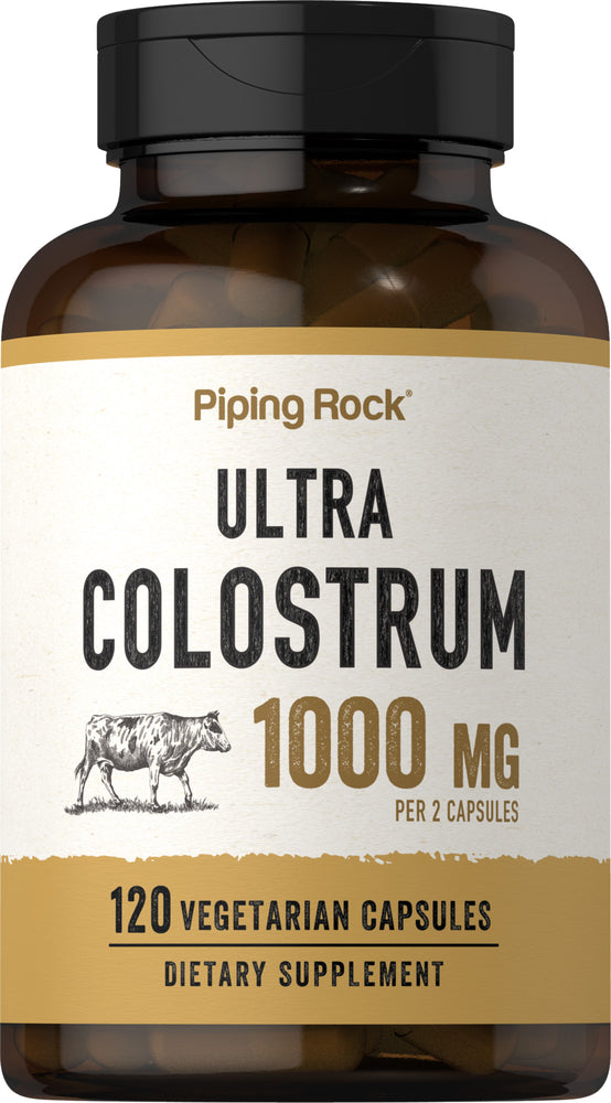 Ultra Colostrum 1000 mg per 2 capsules, 120 vegetarian capsules, dietary supplement bottle.