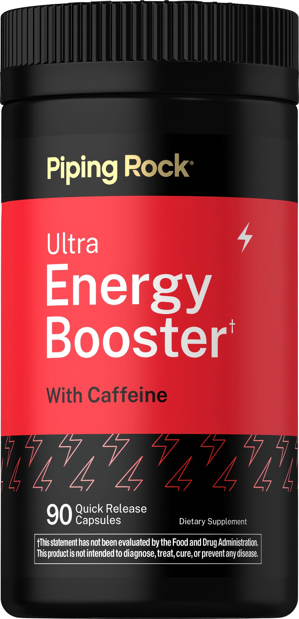 Black bottle of Ultra Energy Booster with 90 Quick Release Capsules, containing caffeine, dietary supplement.