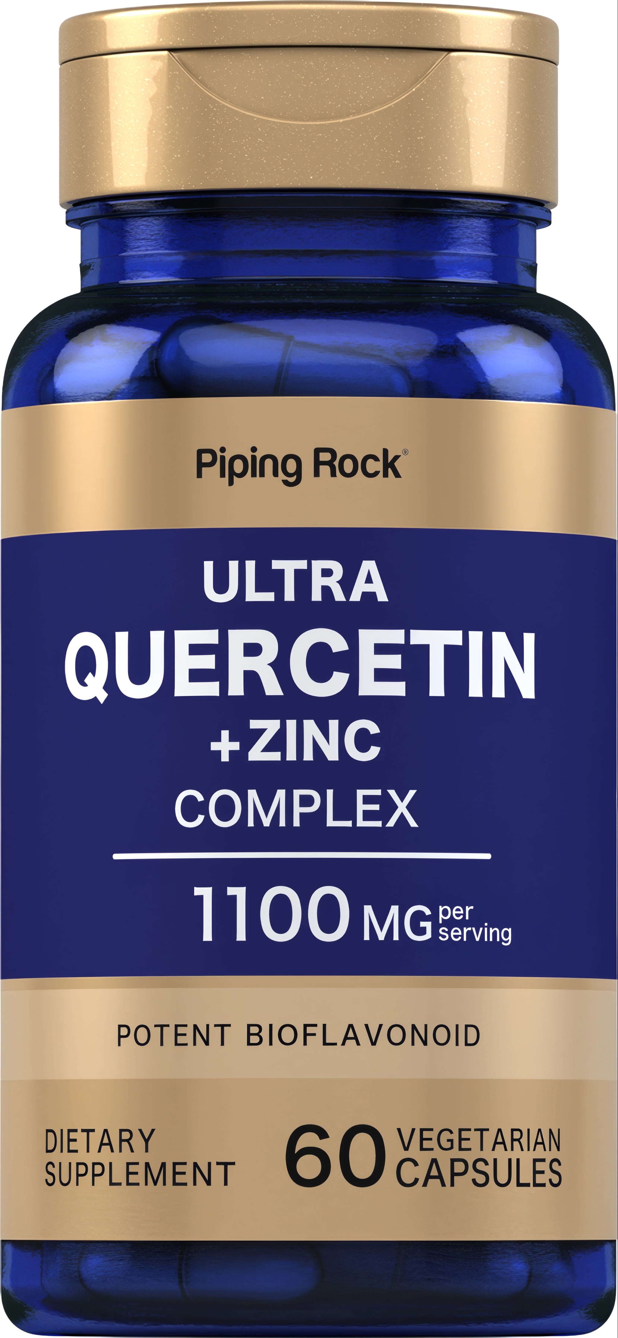Quercetin plus Zinc Complex, 1100 mg per serving dietary supplement, includes 60 vegetarian capsules.