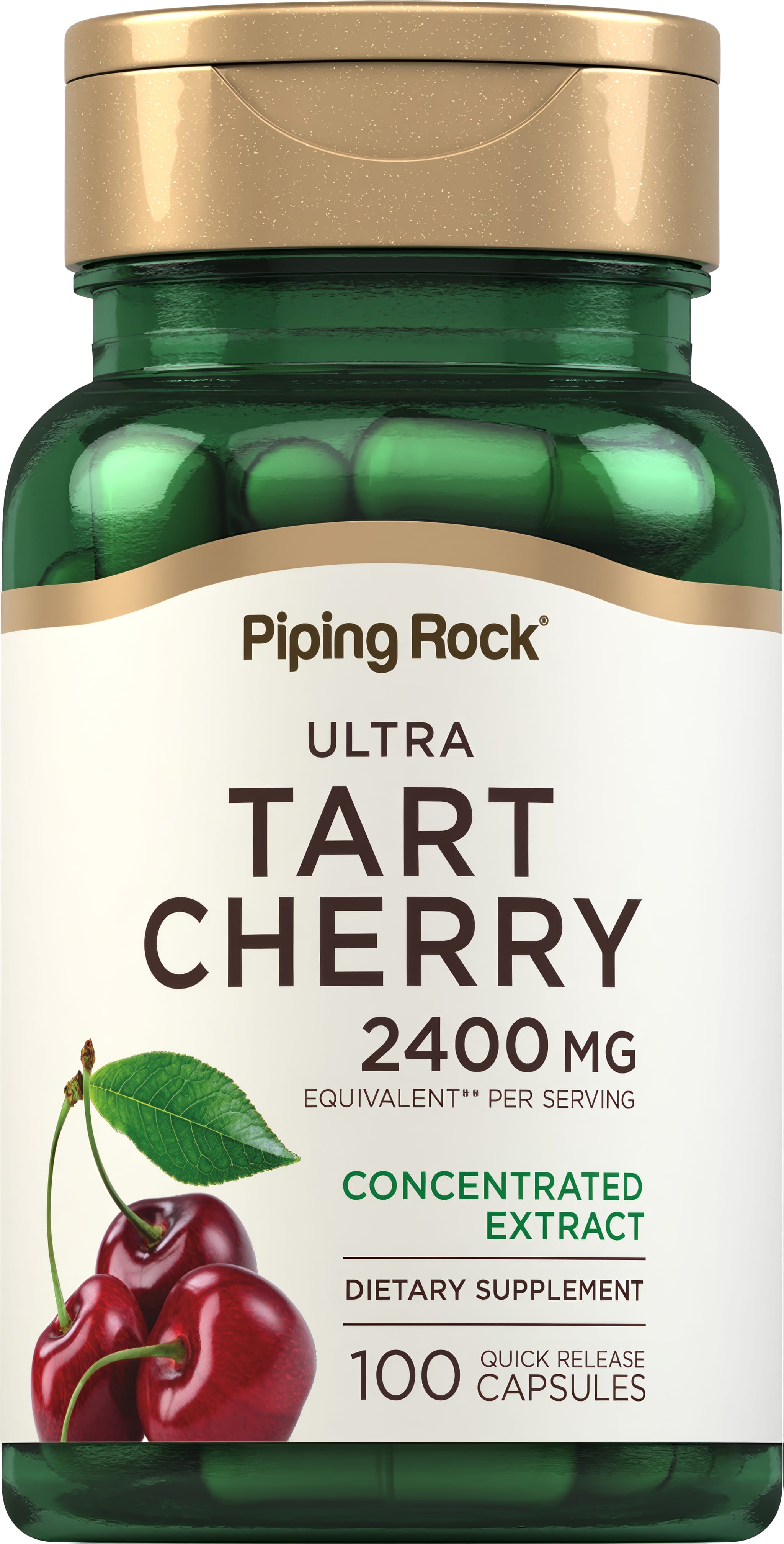 Ultra Tart Cherry 2400 mg Concentrated Extract Dietary Supplement with 100 Quick Release Capsules in bottle.