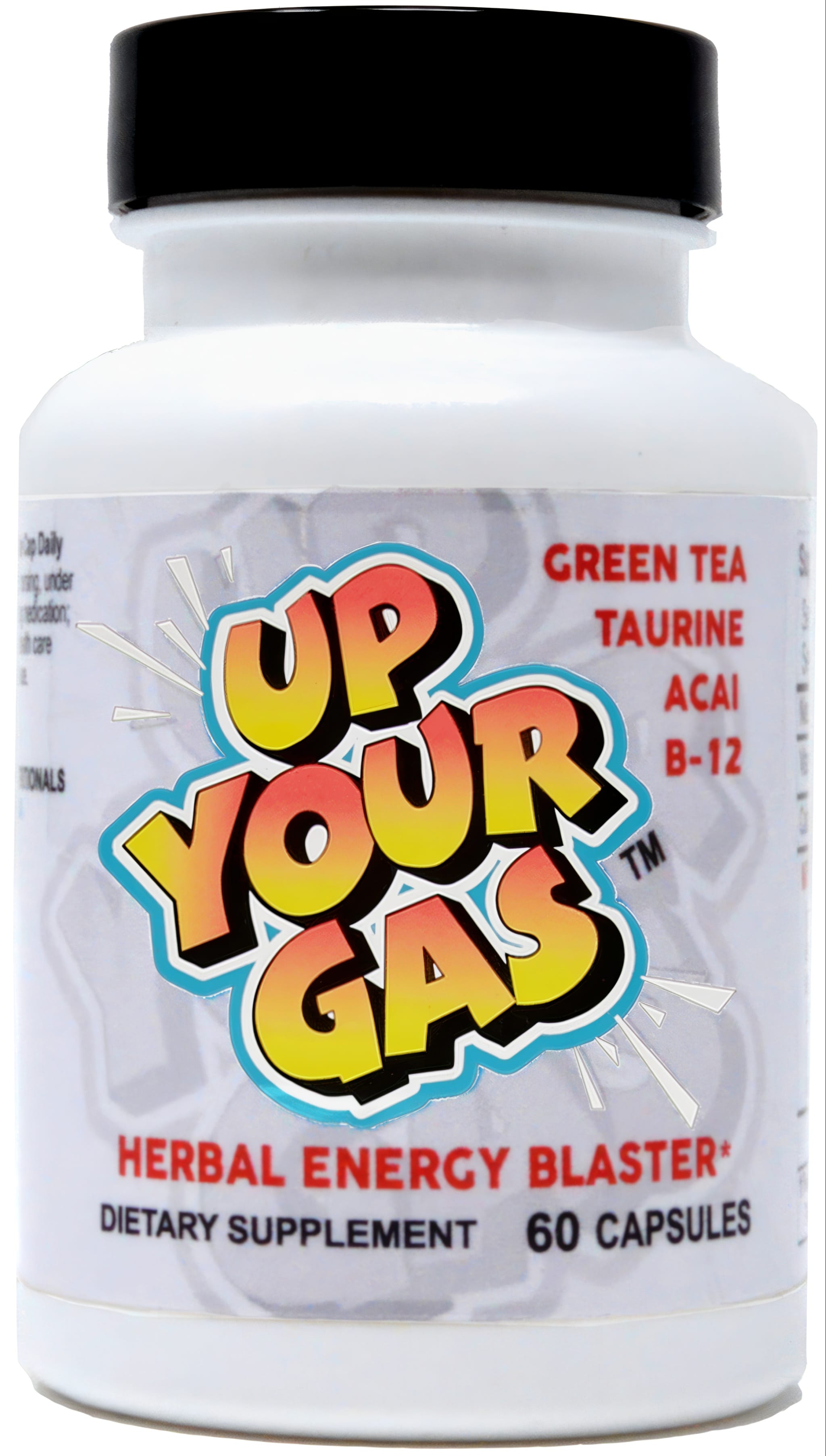 Up Your Gas Herbal Energy Blaster supplement with 60 capsules. Includes Green Tea, Taurine, Acai, and B-12.