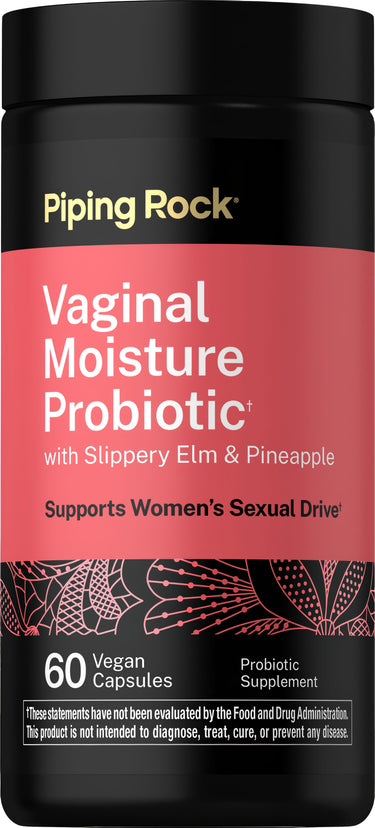 Vaginal Moisture Probiotic with Slippery Elm and Pineapple enhances women's sexual drive, containing 60 vegan capsules.